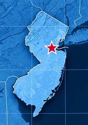 Image of New Jersey with a star indicating the location of New Brunswick in the northeastern section of Central New Jersey..