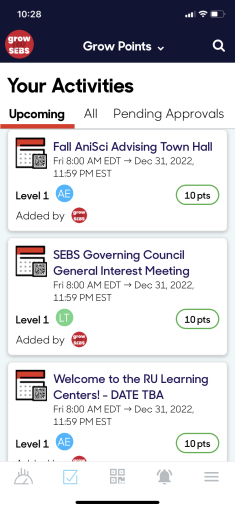 A screen shot of the Grow@SEBS program mobile app showing your Upcoming Activities.